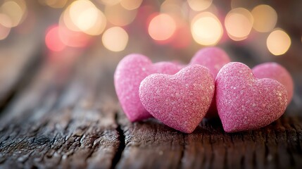 Fototapeta premium Pink Glitter Hearts Rest on Rustic Wood, Sparkling Bokeh Background, Romantic Valentine's Day Decor