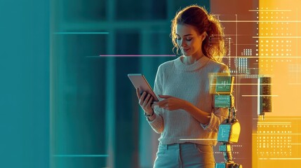 Future of Tech: A focused young woman uses a tablet in a futuristic tech lab, surrounded by glowing digital interfaces and advanced robotic arms. The scene is vibrant and dynamic.
