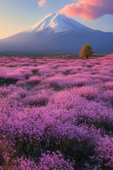 Naklejka premium Majestic Mount Fuji Sunrise Over Vibrant Pink Flower Field