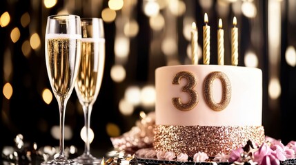 Thirty and Thriving: A decadent blush-pink birthday cake, adorned with elegant gold numerals "30" and shimmering glitter, sits alongside two champagne flutes, ready to celebrate a milestone birthday.