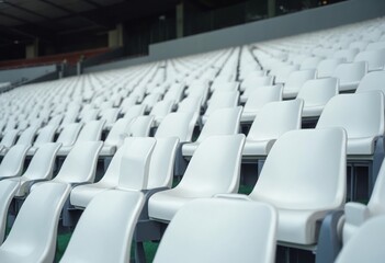 Obraz premium White tribunes. seats of tribune on sport stadium. empty outdoor arena. concept of fans. chairs for audience. cultural environment concept. color and symmetry. empty seats. modern stadium
