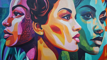 Fototapeta premium Vibrant Mural of Three Diverse Women's Faces