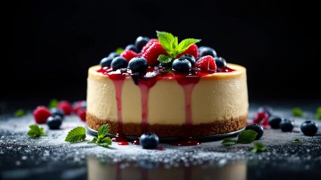 A delicious cheesecake with a graham cracker crust, topped with fresh berries and a drizzle of chocolate sauce.