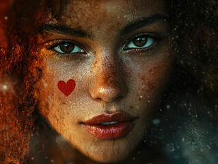 Naklejka premium Romantic woman with soft gaze and heart-shaped lips glowing in warm light, showcasing vibrant colors and detailed features in a close-up view