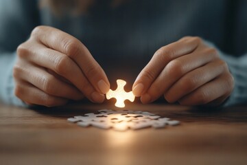 goals with strategy and transformation concept, Hands placing a glowing puzzle piece on a wooden table.