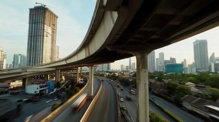 Dynamic highway overpass with motion blur effect showcasing fast-moving vehicles against a bustling city background, symbolizing the speed, energy, and connectivity of modern urban life