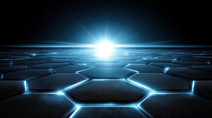 Obraz premium Futuristic hexagonal pattern with glowing light in center, creating sci fi atmosphere. design evokes sense of depth and technology
