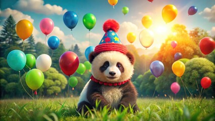 Obraz premium Drone captures adorable birthday panda: tiny bear in a red hat, festive balloons floating nearby.