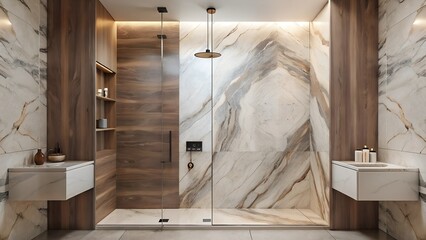 Minimalist interior design of modern walk shower are simplicity with marble brown and white wall