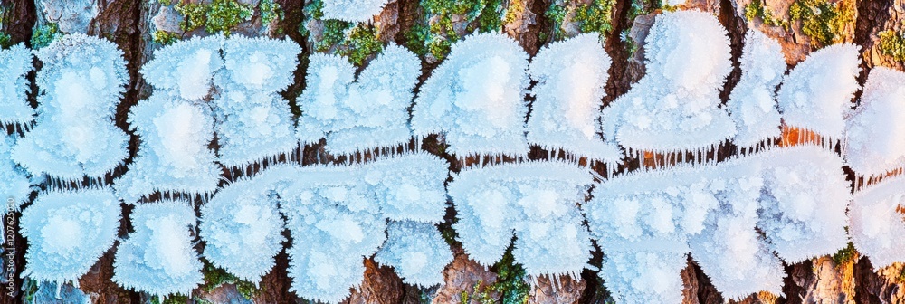 Poster close-up view of tree bark with frost and moss creating natural texture