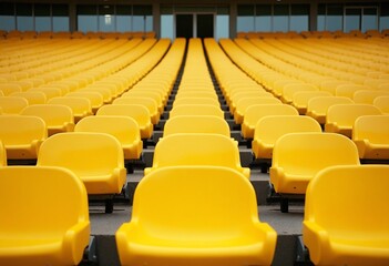 Fototapeta premium Yellow tribunes. seats of tribune on sport stadium. empty outdoor arena. concept of fans. chairs for audience. cultural environment concept. color and symmetry. empty seats. modern stadium