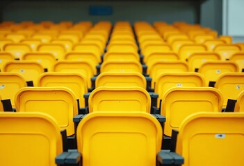 Fototapeta premium Yellow tribunes. seats of tribune on sport stadium. empty outdoor arena. concept of fans. chairs for audience. cultural environment concept. color and symmetry. empty seats. modern stadium