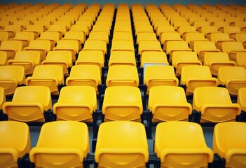 Fototapeta premium Yellow tribunes. seats of tribune on sport stadium. empty outdoor arena. concept of fans. chairs for audience. cultural environment concept. color and symmetry. empty seats. modern stadium