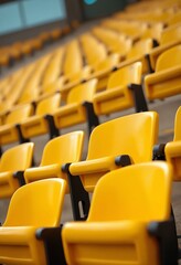 Fototapeta premium Yellow tribunes. seats of tribune on sport stadium. empty outdoor arena. concept of fans. chairs for audience. cultural environment concept. color and symmetry. empty seats. modern stadium