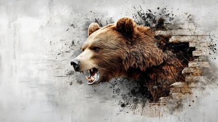Bear breaking through stock market wall financial district digital art urban environment dynamic viewpoint market symbolism