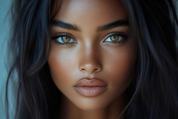 Fototapeta premium Beautiful young woman with dark hair and striking eyes posing for beauty portrait