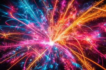 An exhilarating explosion of vibrant neon colors bursts outward, creating a captivating display that radiates with dynamic energy
