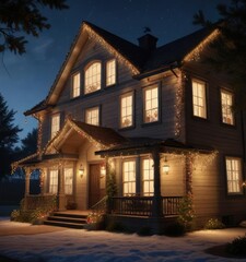 Christmas lights strung around a house or tree, illuminated house, festive decor