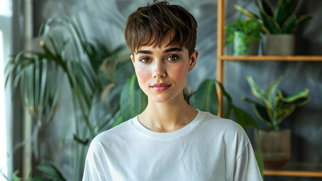Mockup of a plain white heavyweight t-shirt on a stylish female model. Smooth fabric, no wrinkles, with a grey background and green plants for a modern vibe. slow motion