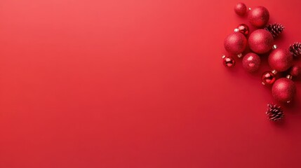 Decorative Christmas Ornaments in Red and Gold Sparkle on a Bright Red Background with Pinecones for Holiday Season Celebrations and Festive Decorations