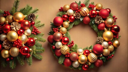 Elegant Christmas wreath in red, gold, and beige; ideal holiday ornament and stock photo.
