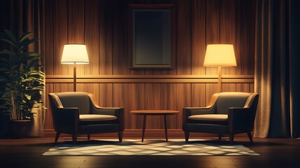 Evening Lounge Scene with Two Armchairs and Lamps