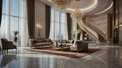 a very expensive and stylish penthouse in a modern Dorchester collection hotel style, with very high ceilings, beautiful curtains, many elegant large decorative elements