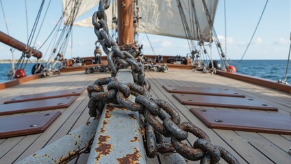 Obraz premium Rustic anchor on wooden deck with billowing sails in calm waters