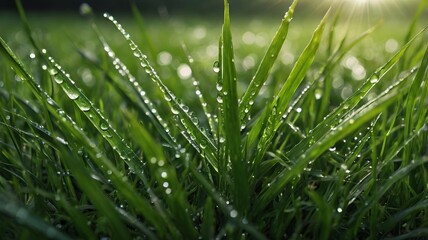 Obraz premium Close-Up of Dewy Green Grass Field – Fresh and Serene Nature Texture