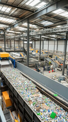 Fototapeta premium Conveyor belt carrying plastic bottles for recycling in a modern waste sorting facility