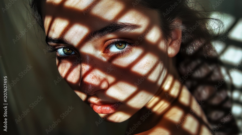 Poster close-up of a young woman illuminated by sunlight with artistic shadows creating patterns across her