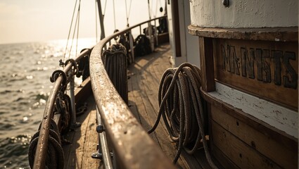 Nautical ship deck with coiled rope wooden crate and golden sun rays