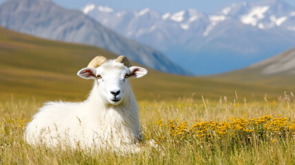 Fototapeta premium A serene sheep rests on a grassy landscape, surrounded by wildflowers and distant mountains, embodying tranquility and natural beauty