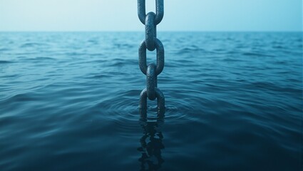 Giant anchor chain sinking into deep blue ocean