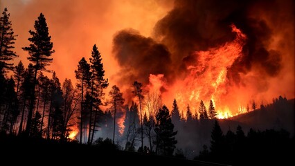 A destructive forest fire with intense flames and thick black smoke, spreading rapidly through the trees and hills.