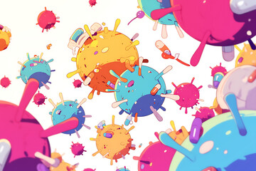 Colorful animated depiction of viruses floating in a whimsical background with playful elements