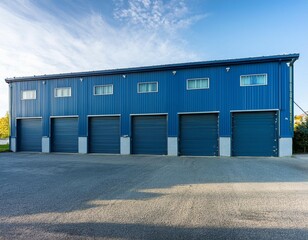 Fototapeta premium a blue metal building with multiple garage doors sits on a paved lot