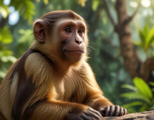 Fototapeta premium Brown Capuchin Monkey interacting with its environment, brown capuchin, nature