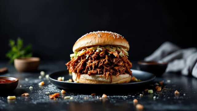 A pulled pork sandwich with a sesame seed bun and coleslaw on top, served on a black plate.