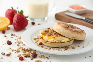 Breakfast food item sitting on a white background, biscuit, pastry