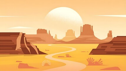 Vector Illustration of a Serene Desert Landscape with Winding Pathways, Sandstone Formations, and a Warm Golden Sunset