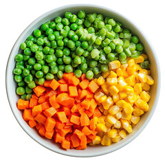 colorful bowl of mixed vegetables, featuring vibrant green peas, bright orange diced carrots, yellow corn kernels, and green beans. The vegetables are neatly arranged