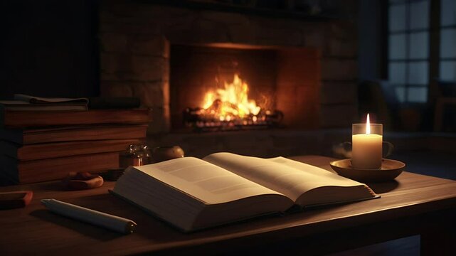 Old books on the table by the fireplace. Seamless 4K looping timelapse video animation background