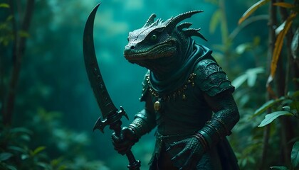 Fototapeta premium Mystical Lizard Warrior in Emerald Forest