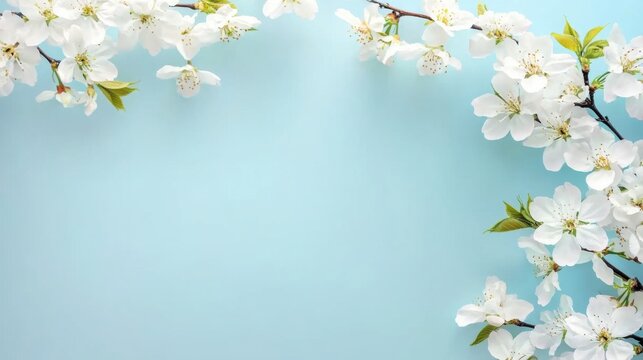 Beautiful white flowers on light blue background, spring floral border with copy space for text or design. Cherry blossom branches