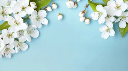 Beautiful white flowers on light blue background, spring floral border with copy space for text or design. Cherry blossom branches