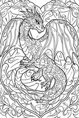 Fototapeta premium Intricate dragon coloring page design, heart-shaped frame, detailed scales and wings, decorative pattern.
