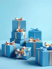 Blue Gift Boxes on Blue Background Christmas Decorations,  holiday decor,  wooden crate,  gift wrapping