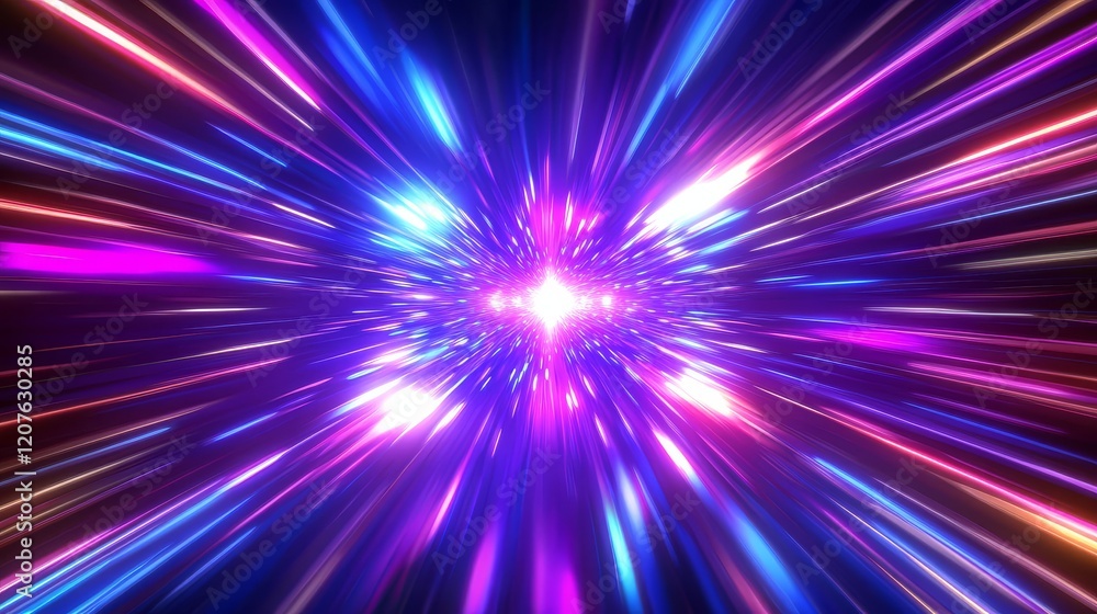 Poster a captivating visualization of a tunnel filled with neon hues and abstract forms.