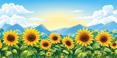 Fototapeta premium Vibrant Sunflowers Blooming in a Sunny Mountain Landscape